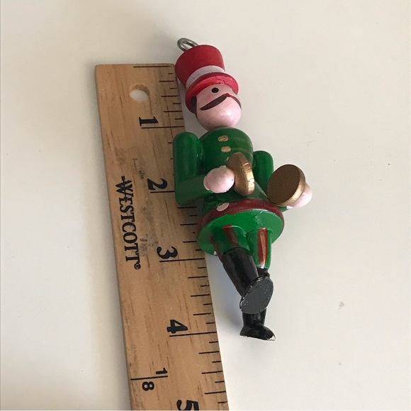 Wooden Soldier Green Suit Hat Mustache Cymbals Christmas Ornament - Vintage - Picture 9 of 11